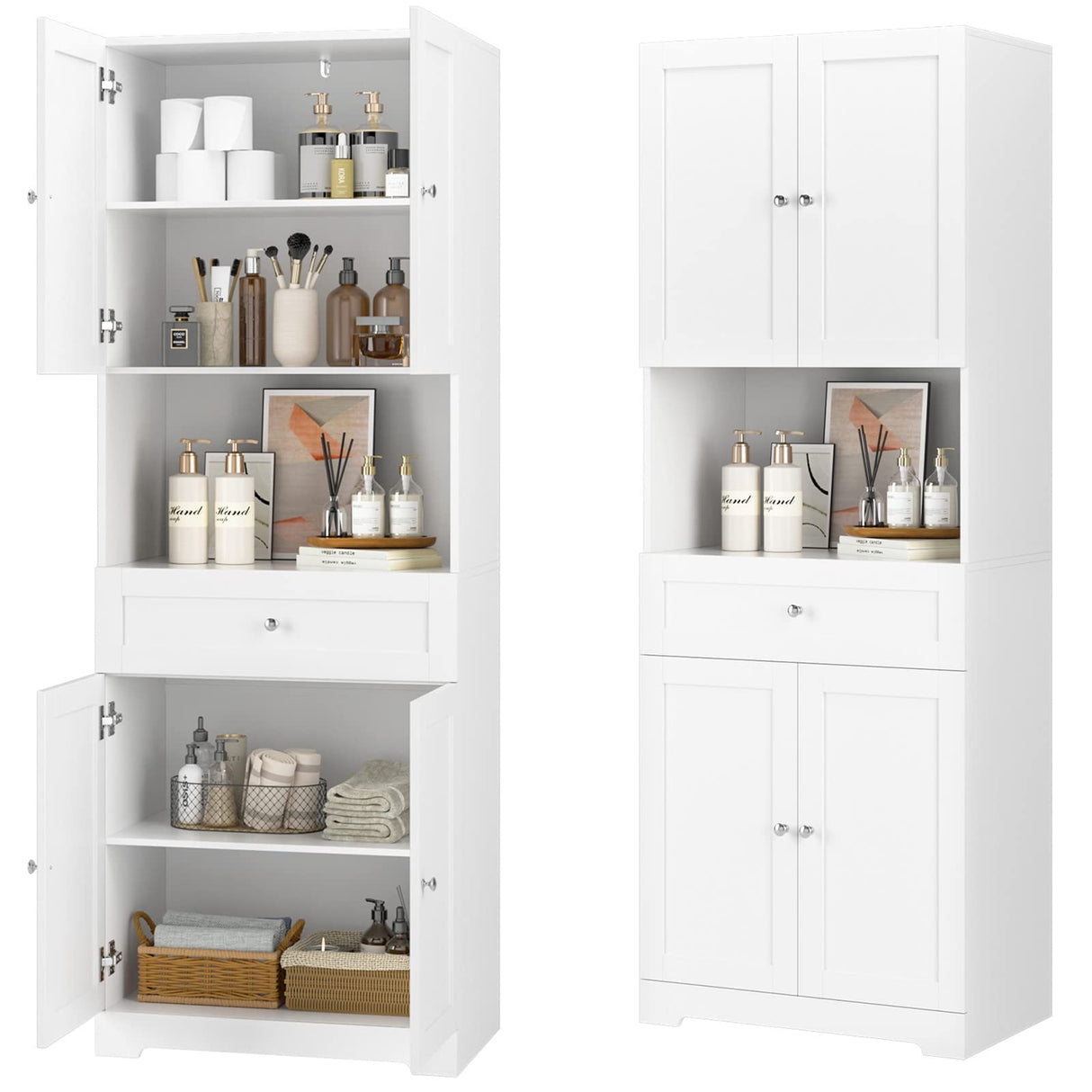HIFIT Modern Tall Bathroom Storage Cabinet with 4 Doors, Shelves, and Drawer - 67" Freestanding Linen Cabinet in White HIFIT