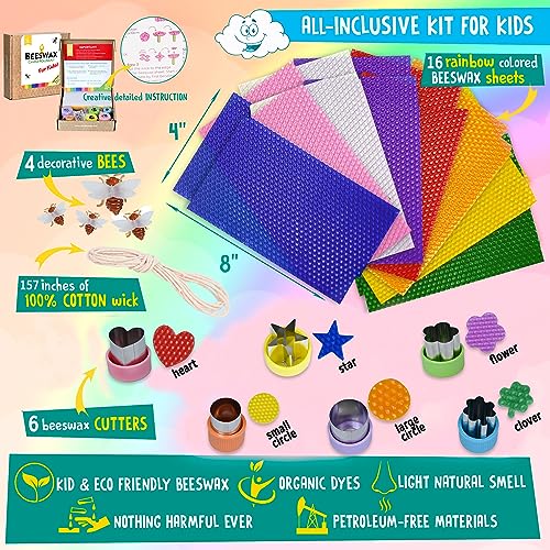 Beeswax Candle Making Kit for Kids - 100% Pure Bees Wax (16 Multicolor Sheets) DIY Candle Rolling Supplies for DIY Art Craft and STEM Projects for Candleology