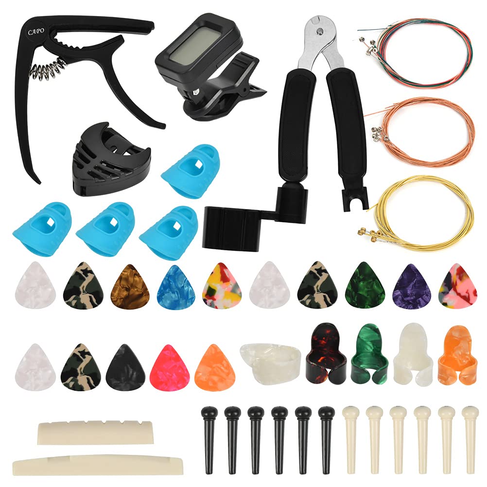 TIMESETL Guitar Accessories Kit Guitar Tool Changing Kit Include Acoustic Guitar Strings, Tuner, Capo, String Winder, Picks, Pick Holder, Bridge TIMESET