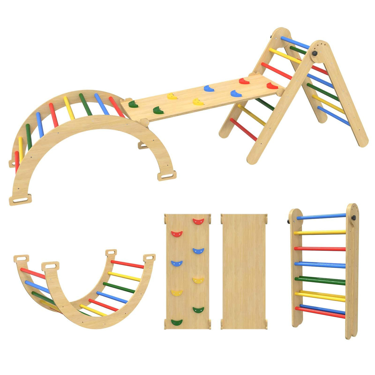 5 in 1 Pikler Triangle Set, Wooden Montessori Climbing Toys, Toddler Indoor Playground, Foldable Baby Climbing Toys, Kids Jungle Gym with Ramp, Arche Wanmwill