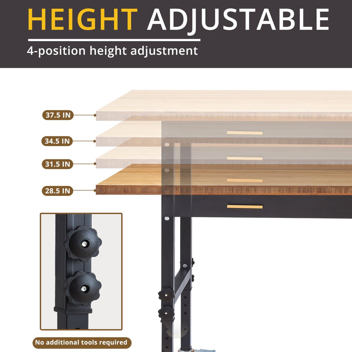 Work Bench, Adjustable Workbench with Drawer | Wheels | Power Outlet, 2700 LBS Load Capacity Heavy Duty Work Bench, Bamboo Wood Desktop Work Table HONRISE