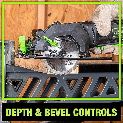 Genesis GCS445SE 4.0 Amp 4-1/2" Compact Circular Saw with 24T Carbide-Tipped Blade, Rip Guide, Vacuum Adapter, and Blade Wrench Genesis