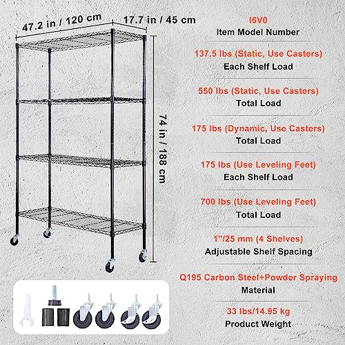 VEVOR Storage Shelving Unit with Wheels, 4-Tier Adjustable, 700 lbs Capacity, Heavy Duty Garage Shelves Metal Organizer Wire Rack, Black, 48" L x 18" VEVOR