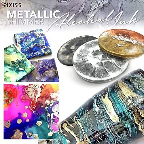 Metallic Alcohol Ink Set, Gold Alcohol Ink, Silver, Gunmetal, Copper, Pearl, Alcohol Ink Metallic Mixatives with Extreme Shimmer for Alcohol Ink Pixiss
