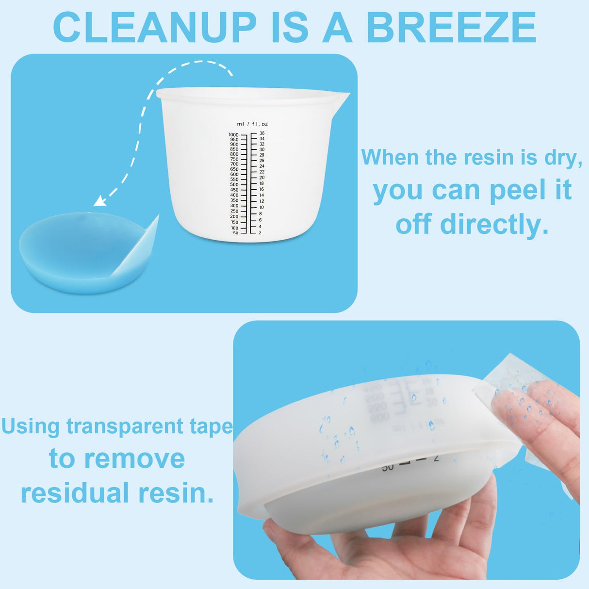 Creahaus 1000ML Large Silicone Measuring Cups for Resin, Easy to Read 36oz Silicone Mixing Bowl with 100ML Silicone Resin Mixing Cup, Easy Clean Creahaus