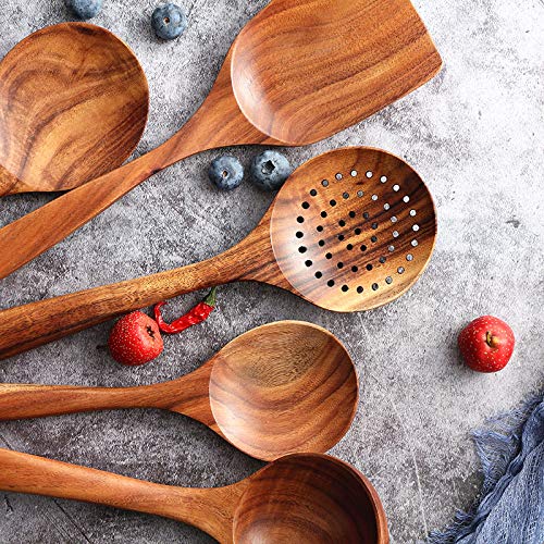 Wooden Utensils Set for Kitchen, Messon Handmade Natural Teak Cooking Spoons Wooden Spatula for Nonstick Cookware (7 sets) Messon