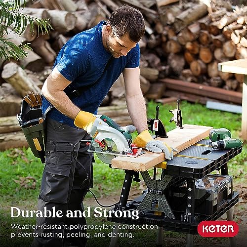 Keter Portable Folding Work Table Tool Storage Stand Workbench with 12 Inch Wood Clamps for Saws, Home Improvement, and Construction Keter