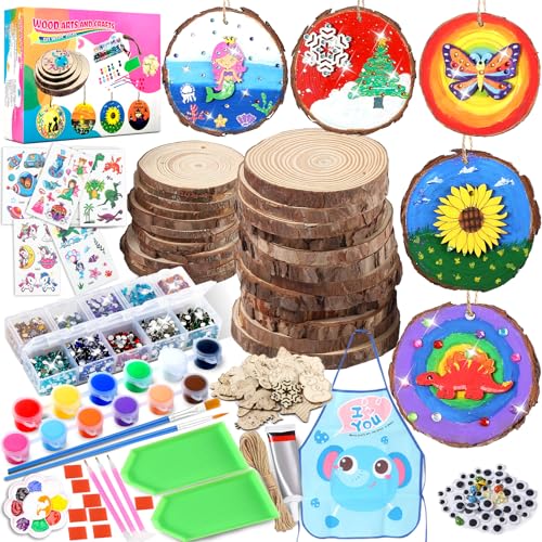 Arts and Crafts for Kids Ages 4-8 8-12, 20 Pcs Unfinished Wood Slices with  Gem Diamond Painting Stickers Kits Kids Wood Painting Craft Activities Kit