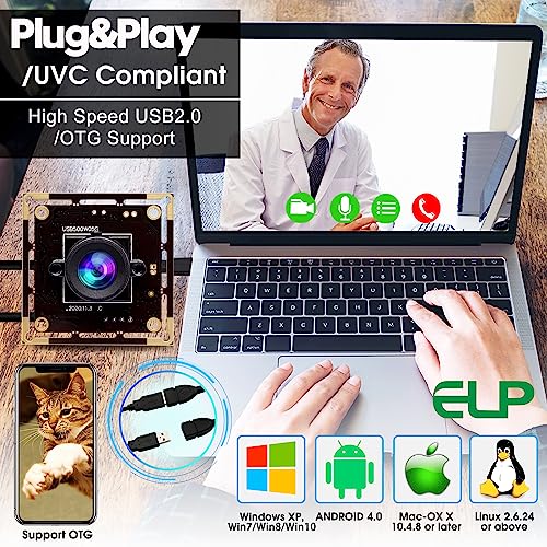 ELP 5mp Wide Angle USB Camera Module for Computer and Raspberry Pi Mini UVC USB2.0 PC Camera 100degree Low Distortion Webcam Board MI5100 Lightburn ELP