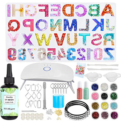 Miraclekoo UV Resin Kit with Light and Alphabet Resin Molds for Beginners, 7oz UV Epoxy Resin and Supplies with UV Lamp Resin Jewelry Molds Starter