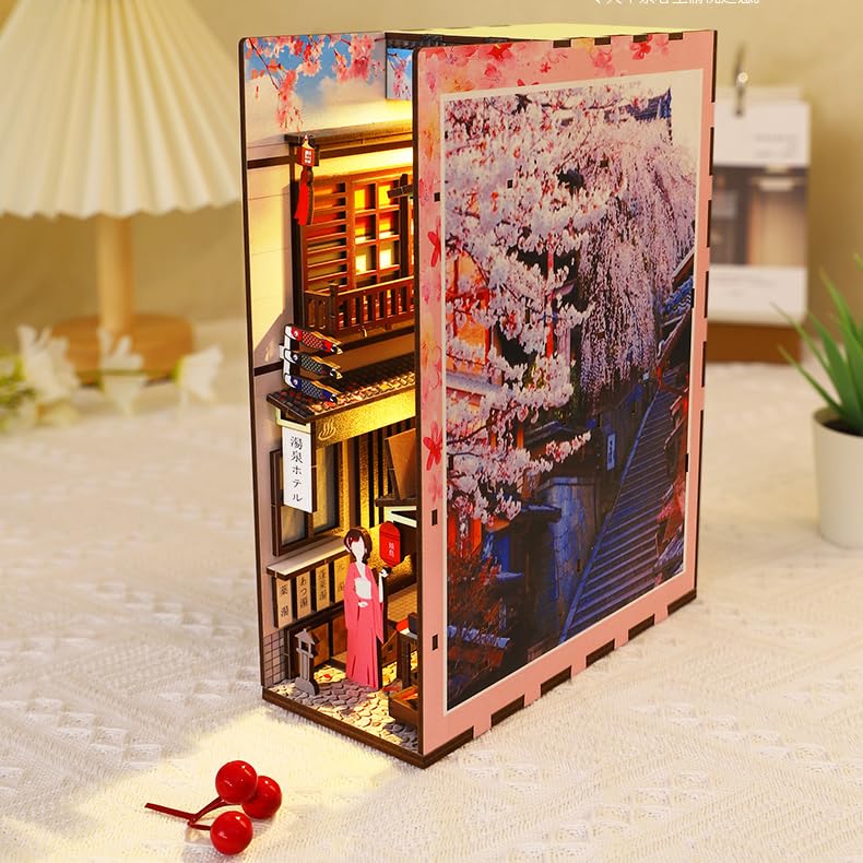 Hallisun DIY Book Nook Kit 3D Wooden Puzzle for Adults, Bookshelf Insert Decor Sakura Town with LED Light Music Box, Bookend Building Set Miniature Hallisun