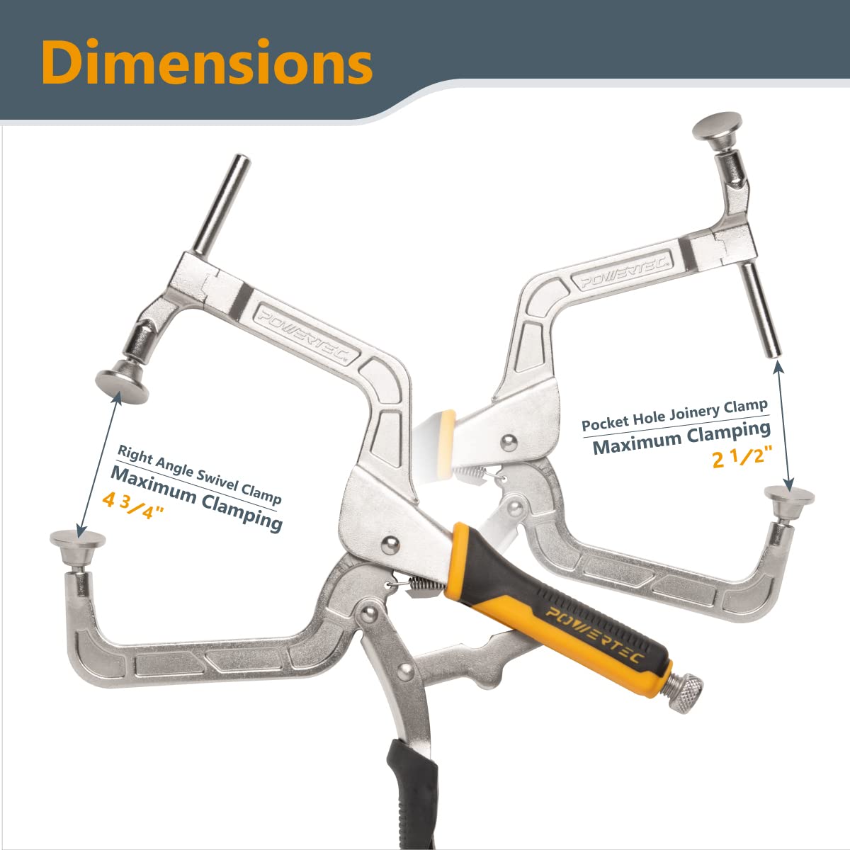 POWERTEC 71745 Two Way Pocket Hole Right Angle Clamp Plier Tools, 12 Inch C Clamps for Pocket Hole Joint Assembly, Woodworking & Welding, 2 PK POWERTEC