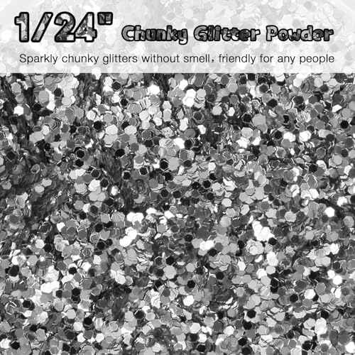 WOOGLITTER Silver Glitter, 16 Oz (1 Ib), Chunky Glitter for Resin Crafts Nails Tumblers Slime Cosmetic and Festival Decoration - Silver Chunky WOOGLITTER