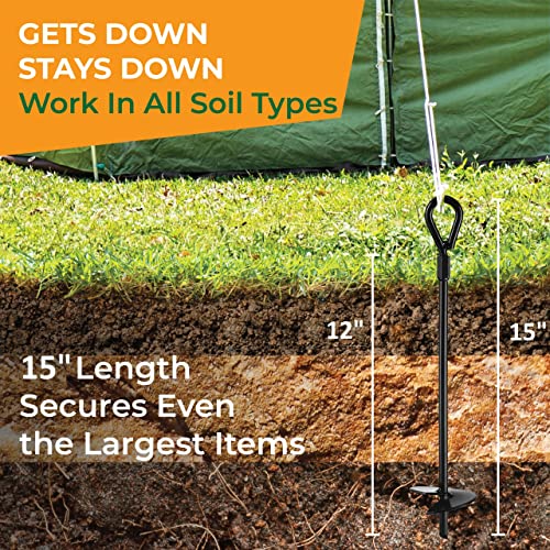 VASGOR 15” Ground Anchors (8pcs) Easy to Use with Drill, 3" Helix Diameter, Heavy Duty Anchor Hook for Camping Tent, Canopies, Car Ports, Sheds, VASGOR