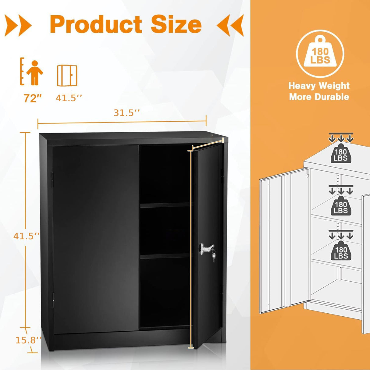 Pataku Metal Storage Cabinet, Garage Cabinet with Doors and Shelves 42" Hx32 Wx16 D, Steel Lockable File Cabinet for Office, Home, Garage, Basement, Pataku