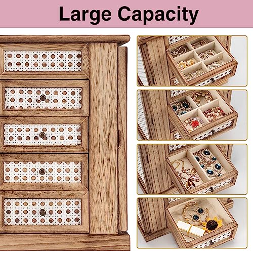 Emfogo Jewelry Box for Women, 5 Layer Large Wood Jewelry Boxes & Organizers for Necklaces Earrings Rings Bracelets, Rustic Jewelry Organizer Box with Emfogo