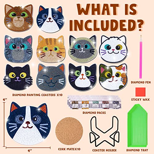 Insnug 10PCs Diamond Painting Coasters Set - Cat Theme Diamond Art Coasters Painting Kits for Kids and Adult Diamond Dots, Arts and Crafts DIY Kits Insnug