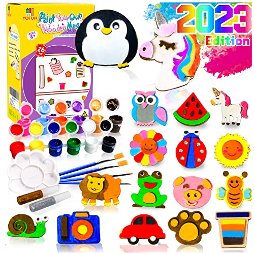 YOFUN Paint Your Own Wooden Magnet - Wood Painting Craft Kit and Art Set for Kids, Art and Craft Supplies Party Favors for Boys Girls Age 4 5 6 7 8, Y YOFUN