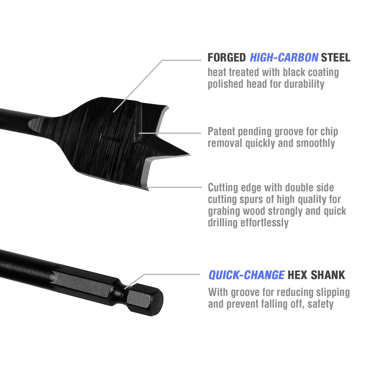 WORKPRO 10-Piece Pro Spade Drill Bit Set- Black Coating, Premium Carbon Steel, Paddle Flat Bits for Woodworking, Assorted Bits 1/4" to 1-1/2" with WORKPRO