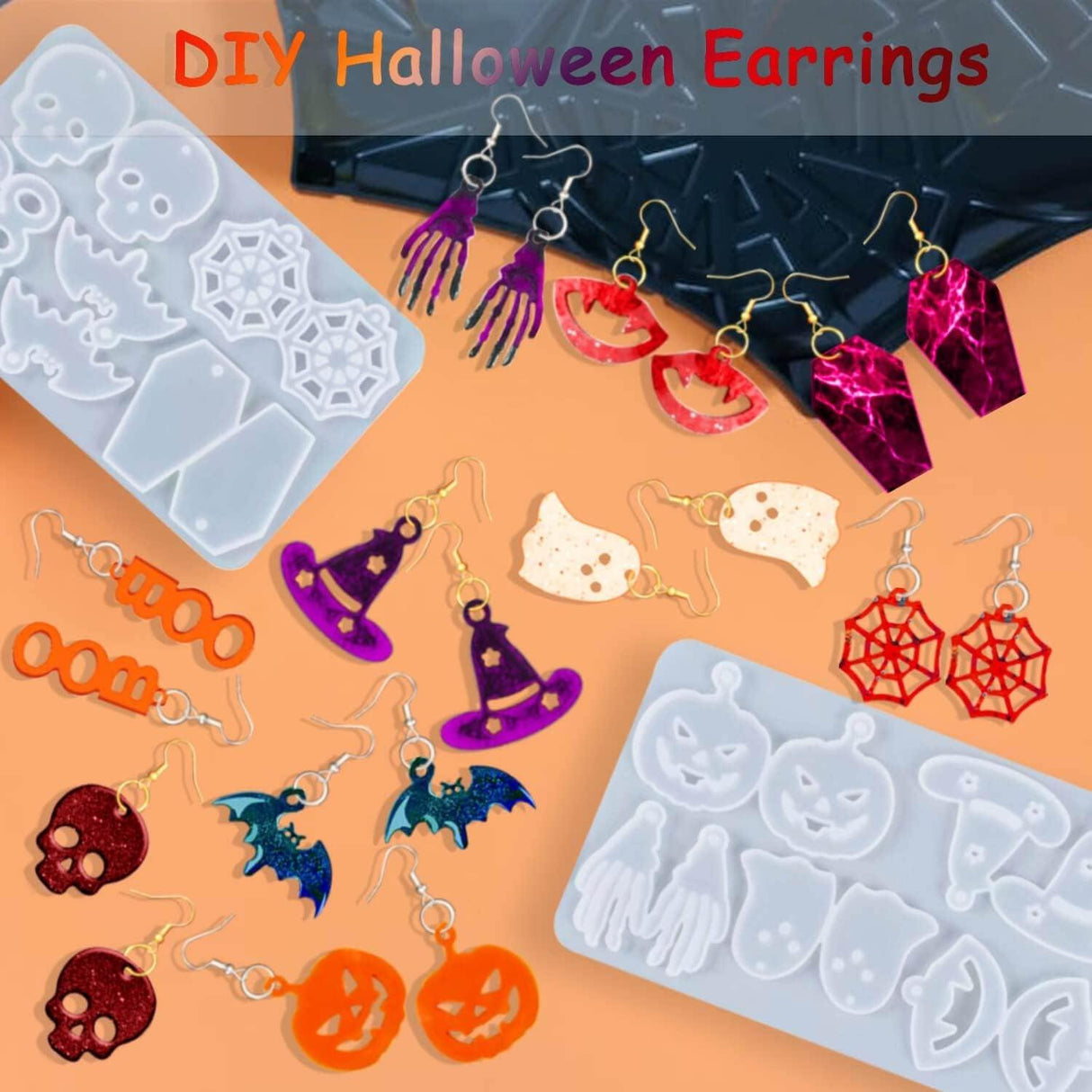 82 PCS Halloween Earring Resin Molds with Hole, 10 Pairs Halloween Silicone Molds with 40 Earring Hooks Skull Pumpkin Bat Spider Earring Epoxy Resin WoodArtSupply