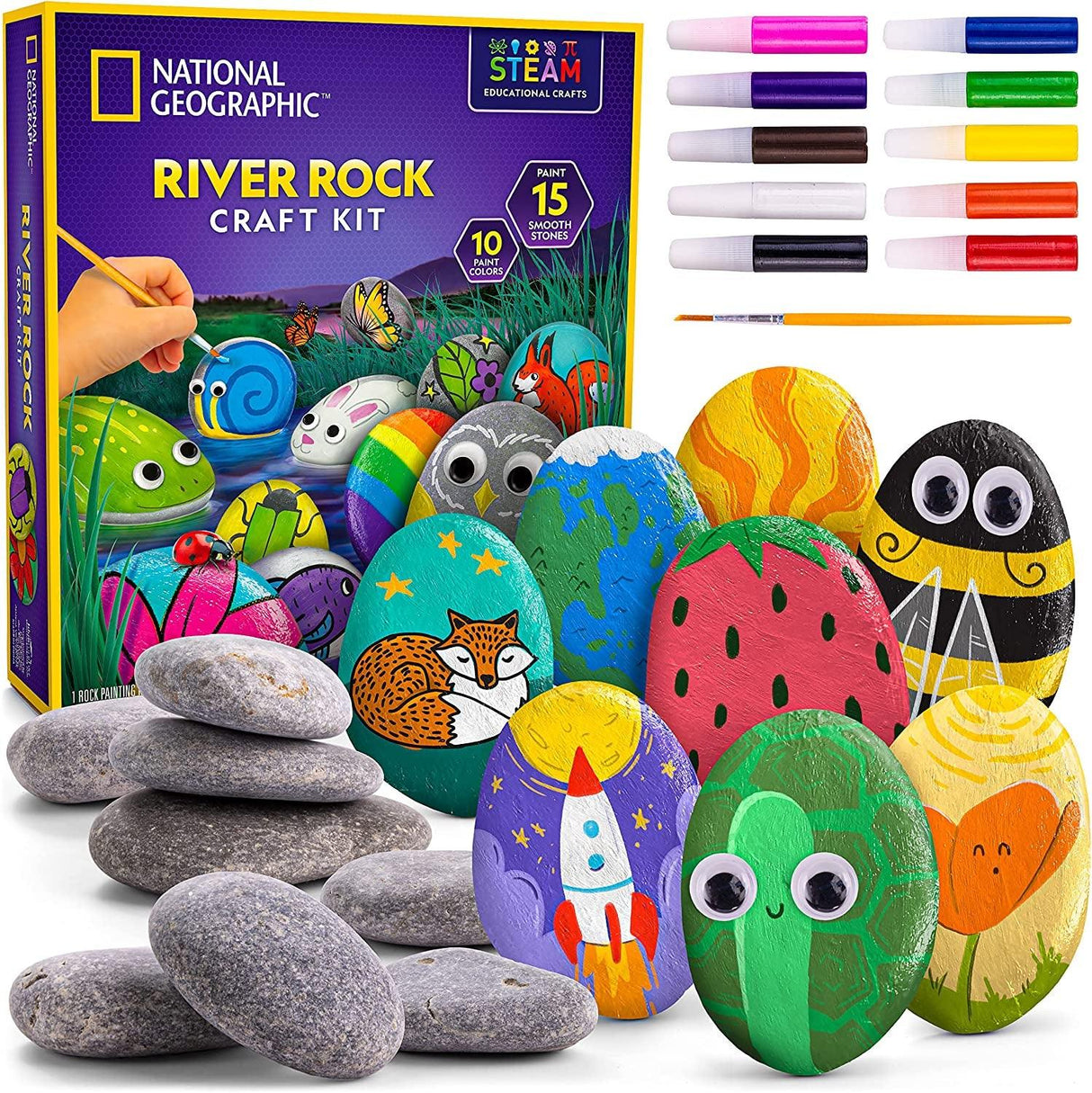 NATIONAL GEOGRAPHIC Rock Painting Kit - Arts and Crafts Kit for Kids, Paint & Decorate 15 River Rocks WoodArtSupply