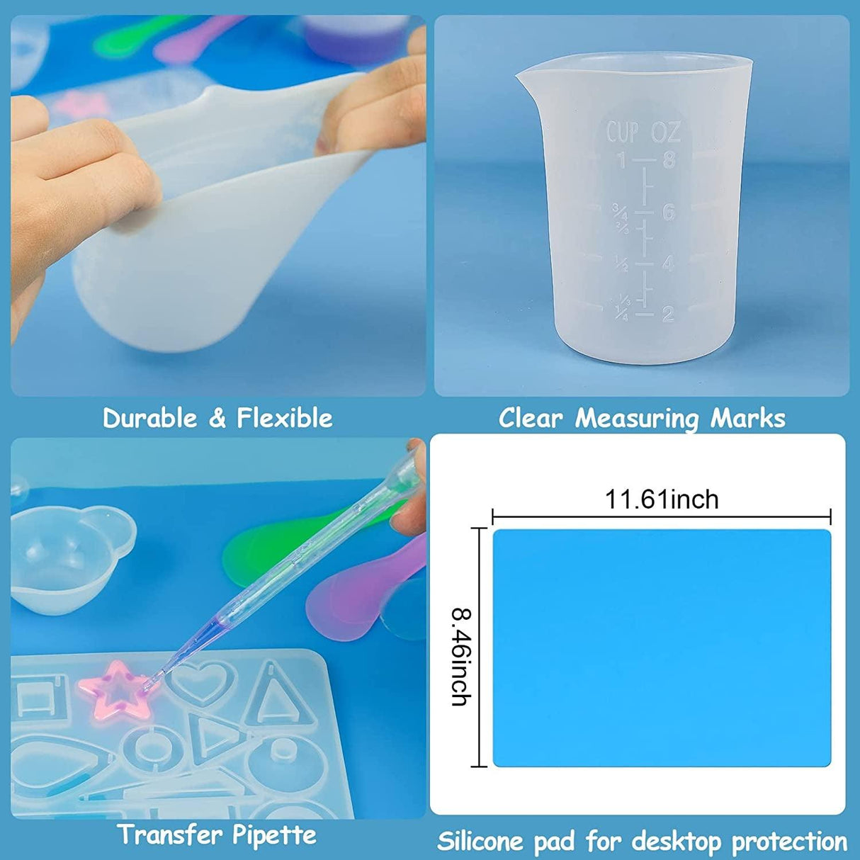 Silicone Measuring Cups Tool Kit , Non-Stick 250 & 100Ml Epoxy Mixing Cups, Reusable Resin Supplies with Silicone Mat, Stir Sticks, Pipettes, Color WoodArtSupply