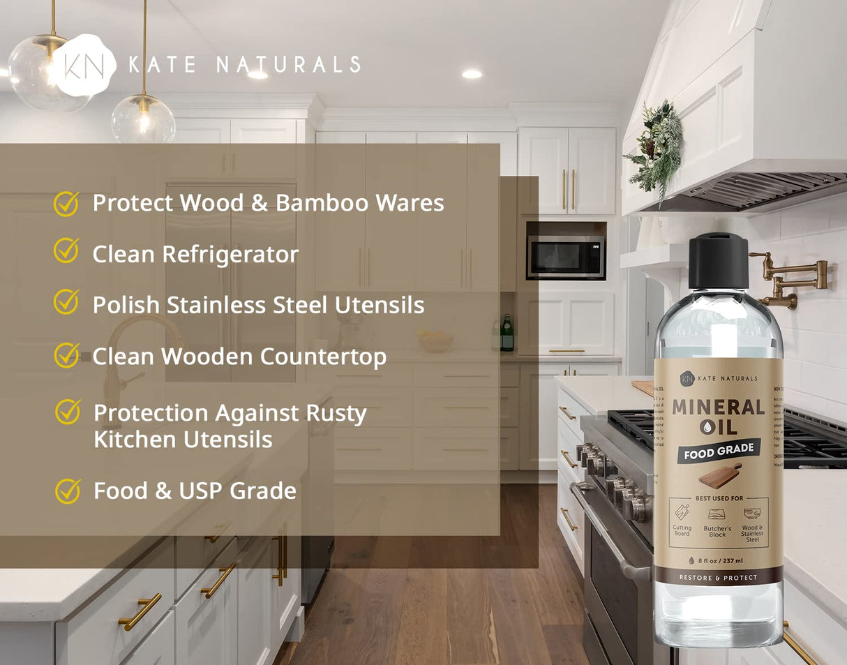 Mineral Oil for Cutting Board 8oz - Kate Naturals. Food-Grade & Food Safe Mineral Oil to Protect Wood on Cutting Boards & Butcher Blocks Kate Naturals