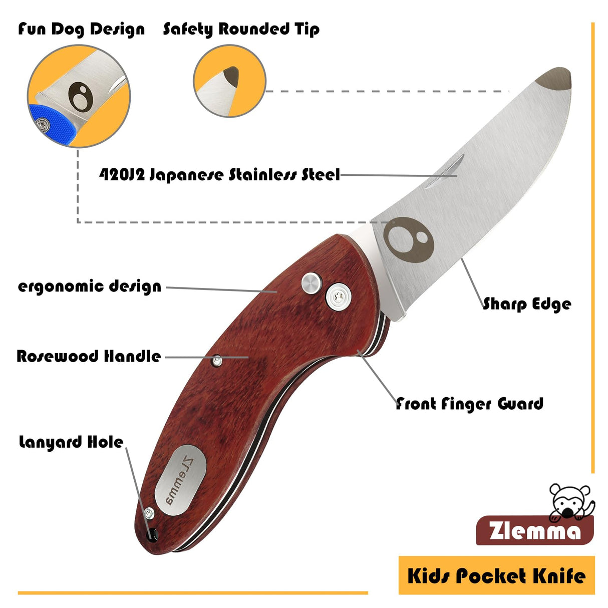 ZLemma Kids Pocket Folding Knife with Safety Rounded Tip, Made Of Japanese Stainless Steel and Rosewood, Children’s First Folding Knife With Sharp ZLemma