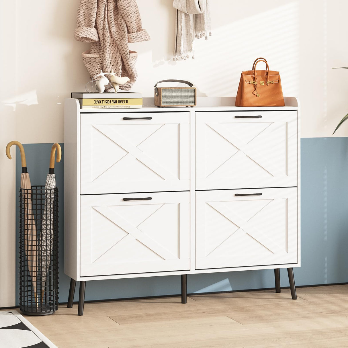 Maupvit Large Shoe Cabinet with 4 Flip Drawers, Freestanding Shoe Cabinet Organizer with Metal Drawer Bracket, Shoes Storage Cabinet for Entryway, Maupvit