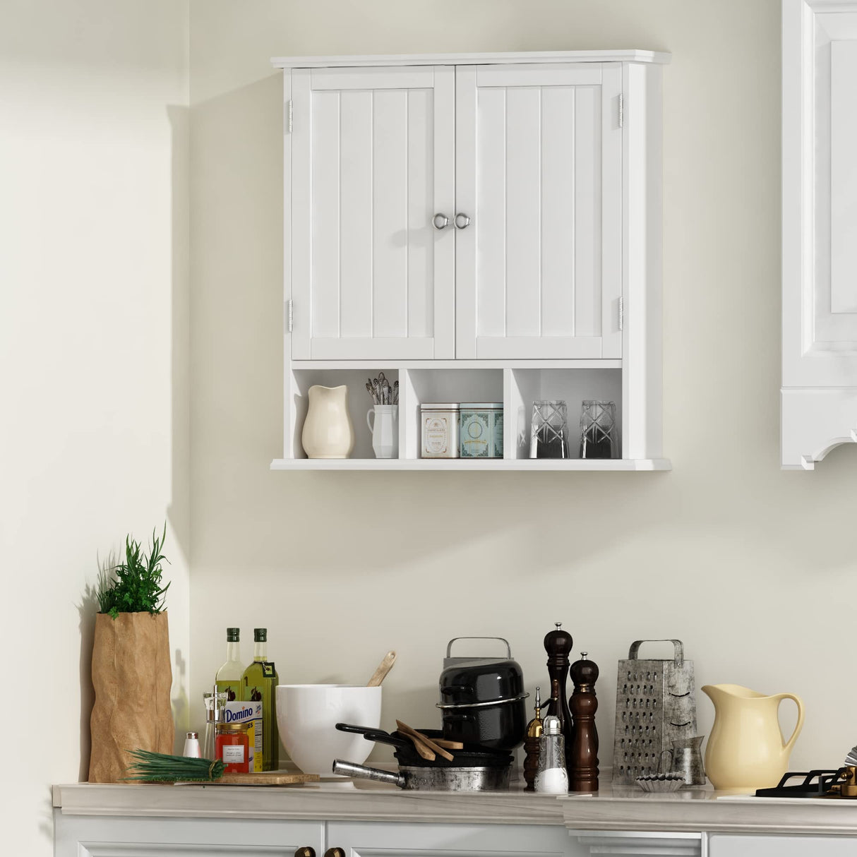 ChooChoo Bathroom Cabinet Wall Mounted 2-Door with 3 Open Shelves, Wooden Medicine Cabinets with Adjustable Shelf, Space Saver Storage Cabinets Over ChooChoo