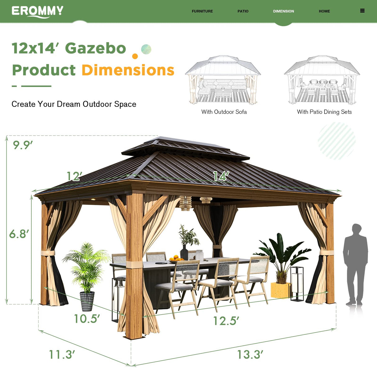 EROMMY 12' x 14' Gazebo, Wooden Finish Coated Aluminum Frame Canopy with Double Galvanized Steel Hardtop Roof, Outdoor Permanent Metal Pavilion with EROMMY