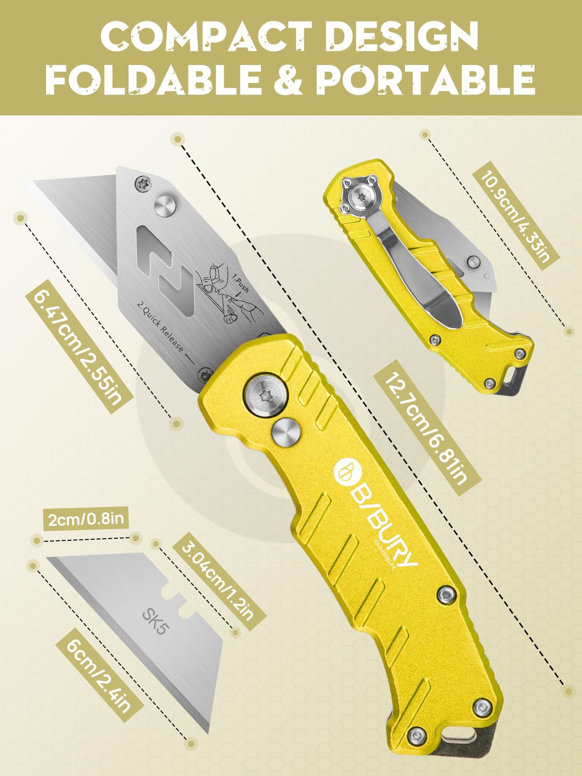 Utility Knife, BIBURY Upgraded Version Heavy Duty Box Cutter, Pocket Carpet knife with 10 Replaceable SK5 Stainless Steel Blades, Belt Clip, Easy BIBURY