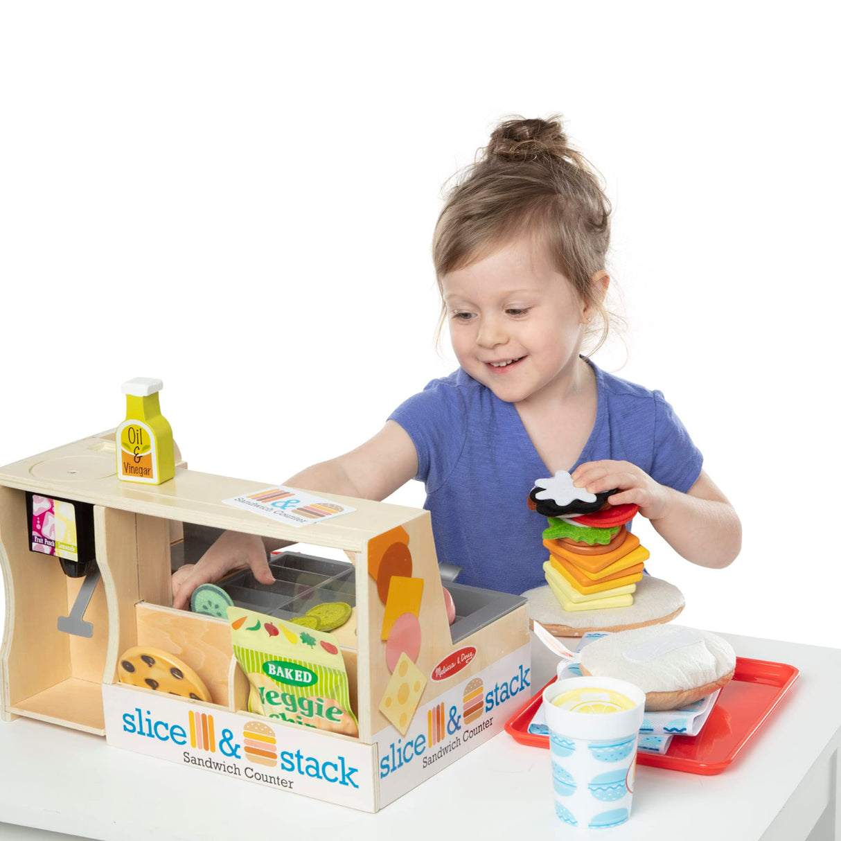 Melissa & Doug Wooden Slice & Stack Sandwich Counter with Deli Slicer – 56-Piece Pretend Play Wooden Food Toys, Kitchen Food Set For Toddlers And Melissa & Doug