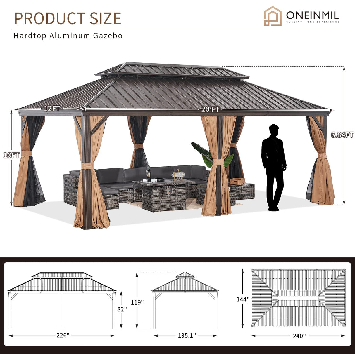 oneinmil 12x20FT Outdoor Gazebo, Heavy Duty Metal Double Roof Hardtop Gazebo with Aluminum Frame and Netting and Curtains for Patios oneinmil