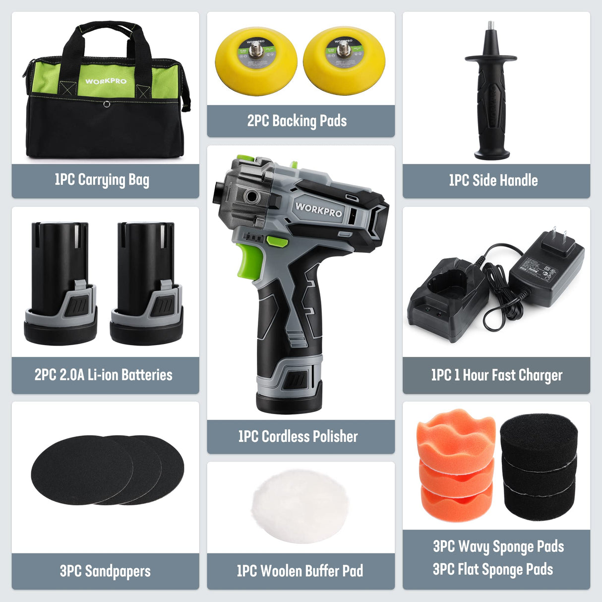 WORKPRO 12V Cordless Polisher, 3" Mini Car Detailing Buffer & Sander Machine Kit with 2 Li-Ion Batteries, Variable Speed Trigger for Auto/DIY WORKPRO