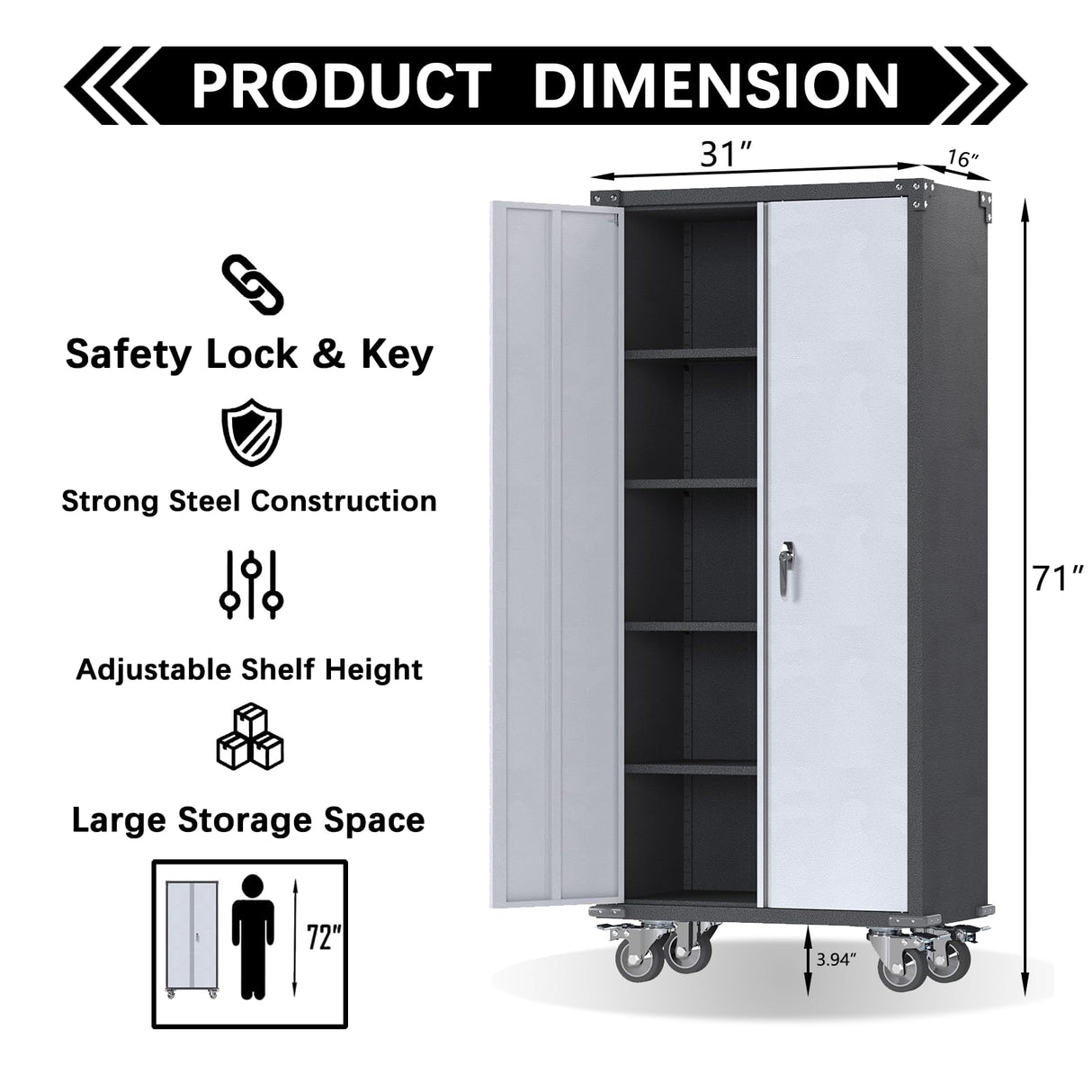 Waqiv 71'' Locking Metal Cabinet with 2 Door and 4 Adjustable Shelves, Heavy Duty Garage Storage Cabinet on Wheels, Rolling Tool Cabinets for Utility Waqiv