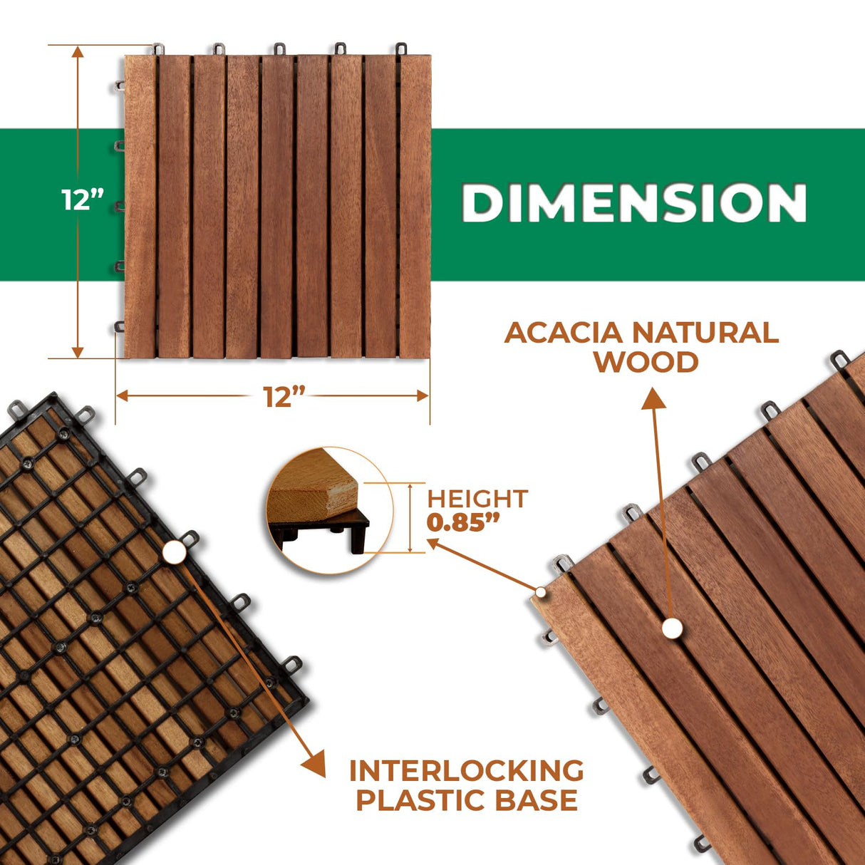 Solid Wood Interlocking Flooring Tiles (Pack of 10, 12" x 12"), Solid Wood Deck Tiles Interlocking, Patio Tiles Outdoor Interlocking Waterproof All LOAQUA