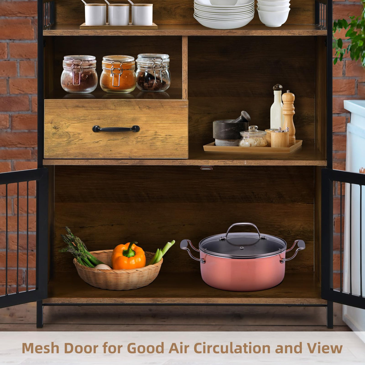 LOKO Buffet Cabinet with Storage, Rustic Kitchen Sideboard Storage Cabinet with Drawer, Credenza Storage Cabinet with Metal Mesh Doors, 31.5 x 14 x LOKO