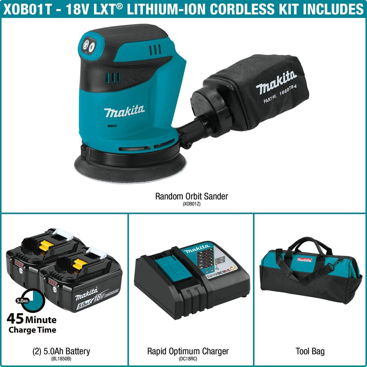 Makita XOB01T 18V LXT® Lithium-Ion Cordless 5" Random Orbit Sander Kit (5.0Ah) Makita