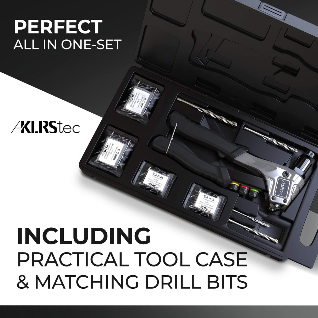 KLRStec Professional Rivet Gun Kit incl. 120 Pop Rivets and 4 HSS Drills - High quality Pop Rivet Tool Kit for processing Blind Rivets KLRS
