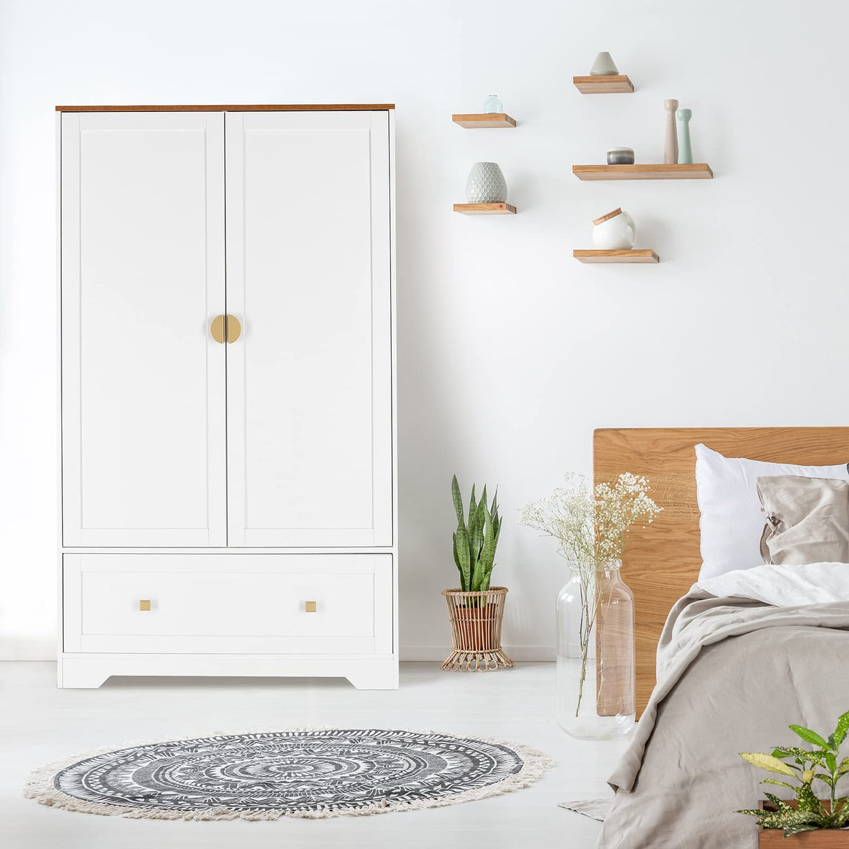 VINGLI Wide Wardrobe Closet, White Armoire Wardrobe with Hanging Rod, Shelves and Drawer, Freestanding Closet Wardrobe Cabinet, Armoires and VINGLI