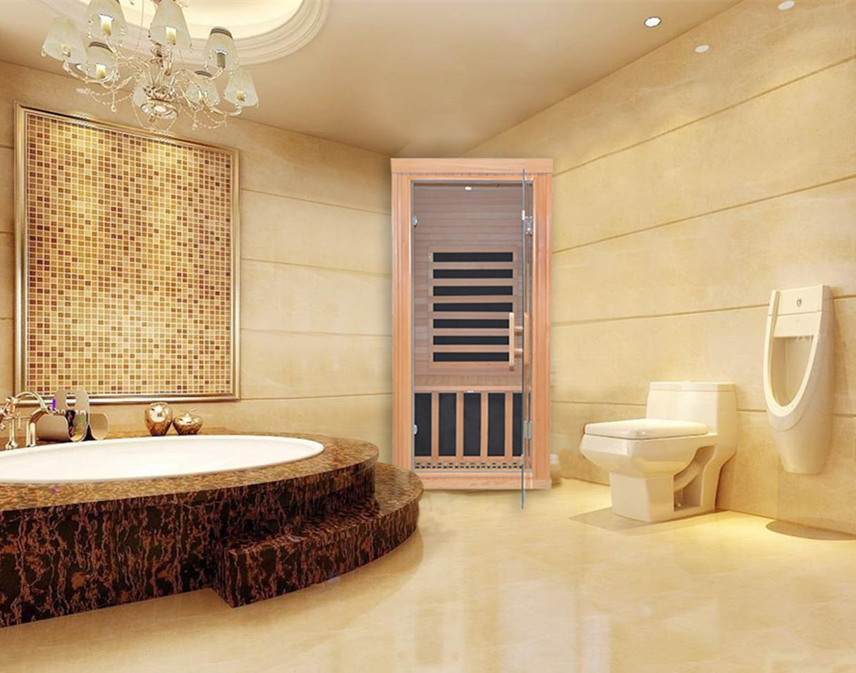 Infrared Saunas Room for Home 1 Person 1260W,7 Piece Graphene Heating Plate Dry Sauna, Wooden Canadian Hemlock Indoor Spa Sauna,Multi Functional Kang Share