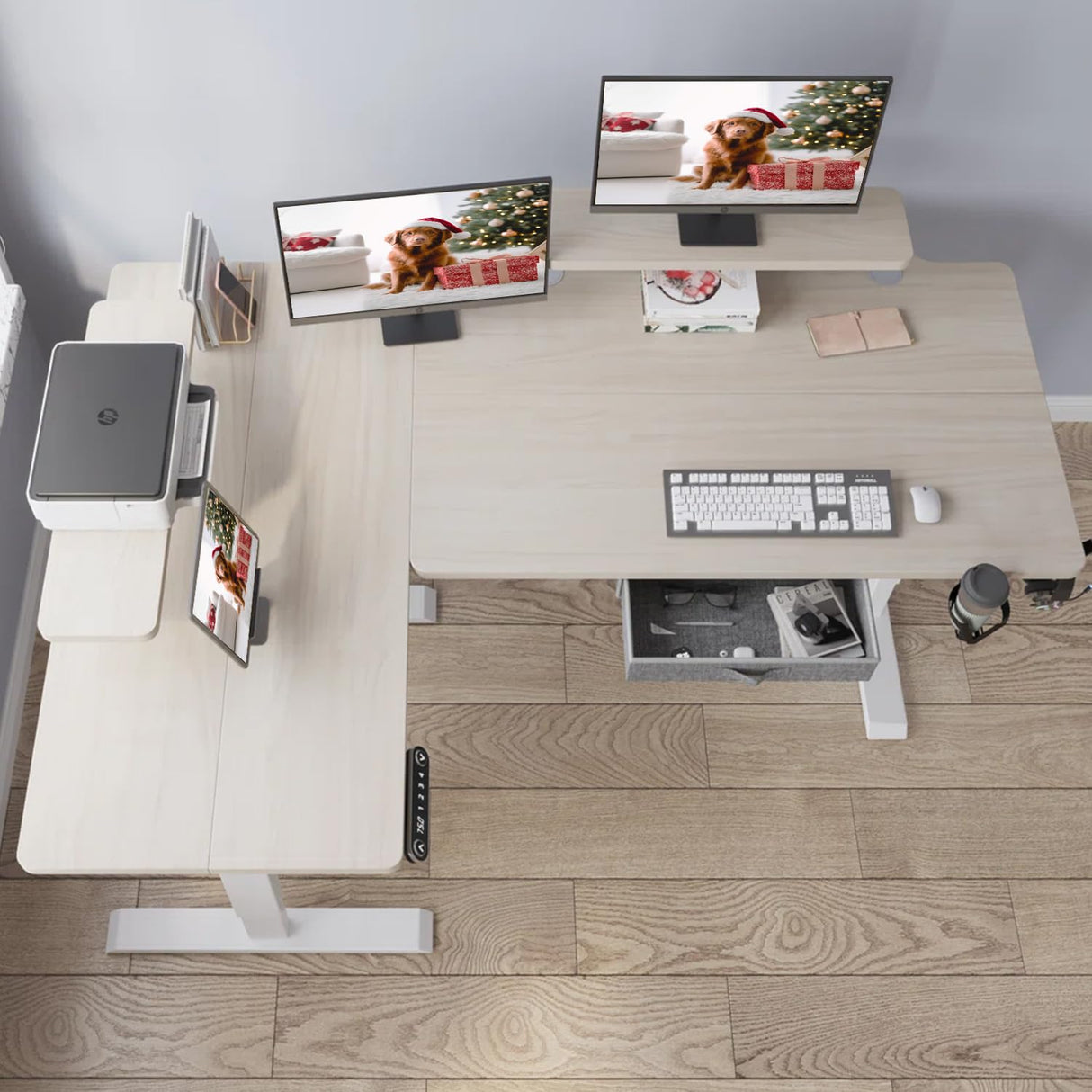 Sileye L Shaped Gaming Drawer Storage Shelf, Electric Adjustable Height, Corner Stand Up Desk with Splice Board for Home Office White Frame/Pale Sileye