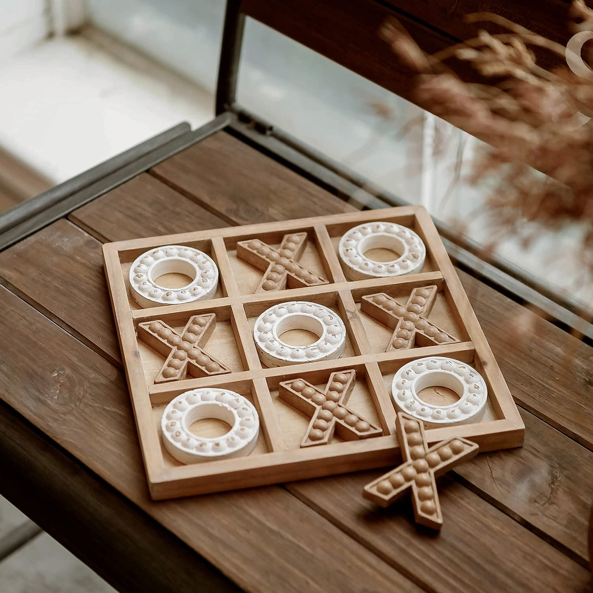 NIKKY HOME Tic Tac Toe Wood Board Game for Kids Family, 10.6 Inch Rustic Wooden Coffee Table Decor, Wood & White NIKKY HOME