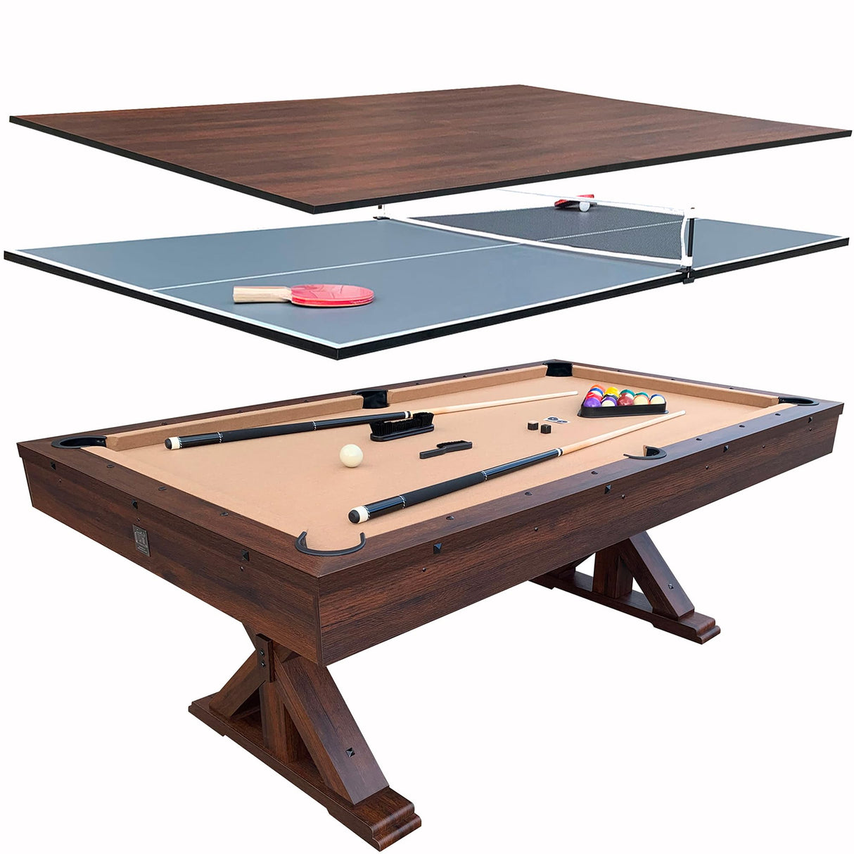 Freetime Fun 7 FT 3 in 1 Multi Game Pool Table with Dining Top Pool Table Ping Pong Table Combo, Includes Pool Table Accessories and Tennis Paddles Freetime Fun