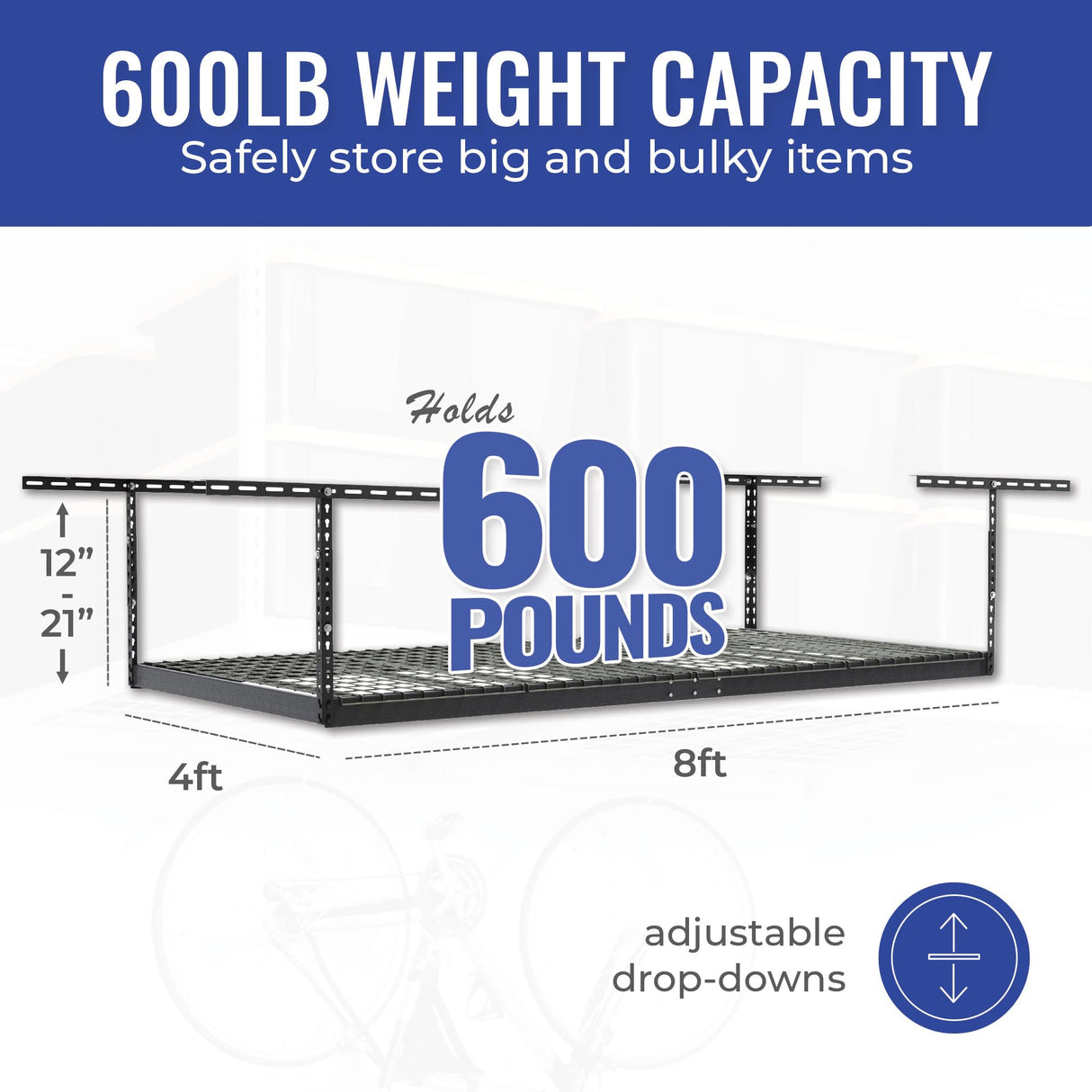 SafeRacks Overhead Garage Storage Rack - Heavy Duty Racks for Garage with 600 lb Capacity, Easy Garage Storage, Adjustable Storage Rack, Ceiling SafeRacks