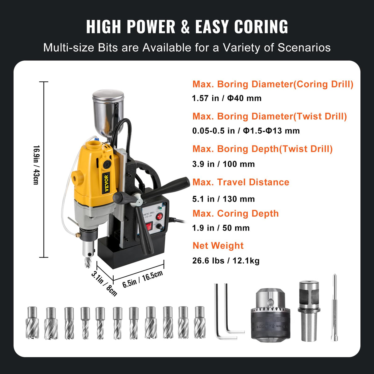 Mophorn 1100W Magnetic Drill Press with 1-1/2 Inch (40mm) Boring Diameter MD40 Magnetic Drill Press Machine 2810 LBS Magnetic Force Magnetic Drilling VEVOR