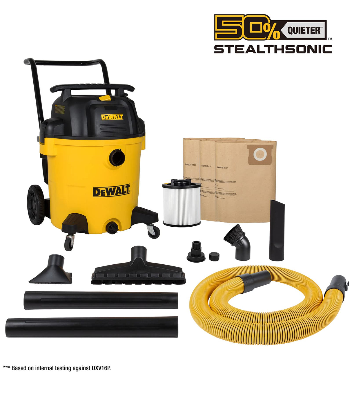 DEWALT 16 Gallon STEALTHSONIC Poly Wet/Dry Vacuum, DXV16P-QTA Noise Reduction Heavy Duty Shop Vacuum for Jobsite/Workshop, Reduce Motor Noise, Yellow DEWALT