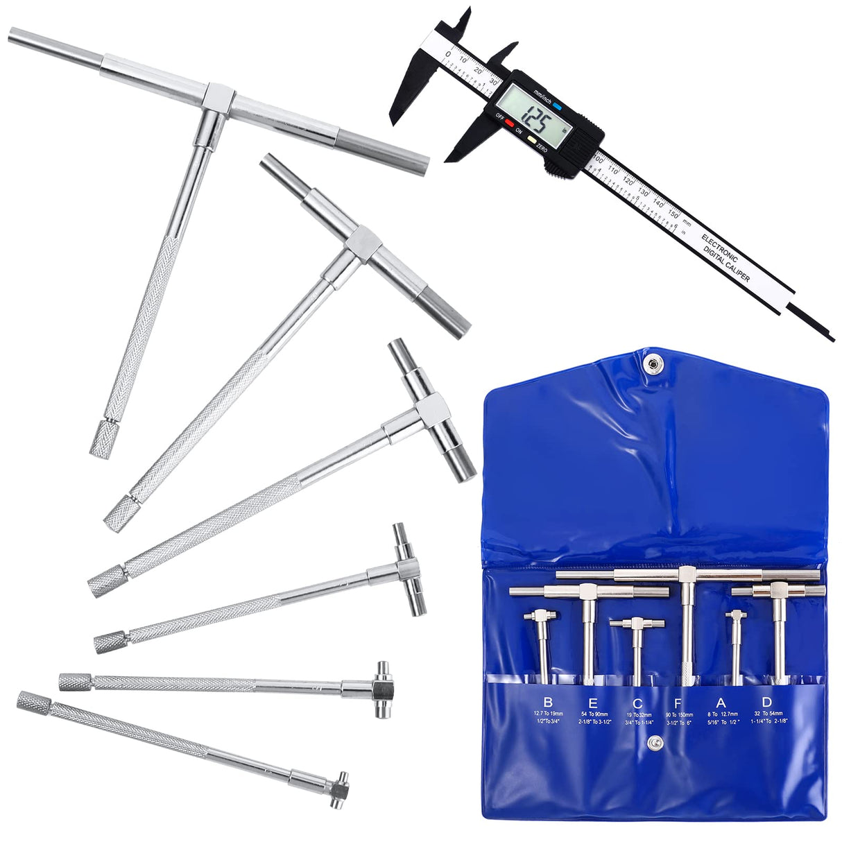 7 Pcs Telescoping Gage Digital Caliper Set, Caliper Measuring Tool Digital Micrometer Inside Micrometer, 5/16-6 Range, T Bore Hole Gauges, High Fiada