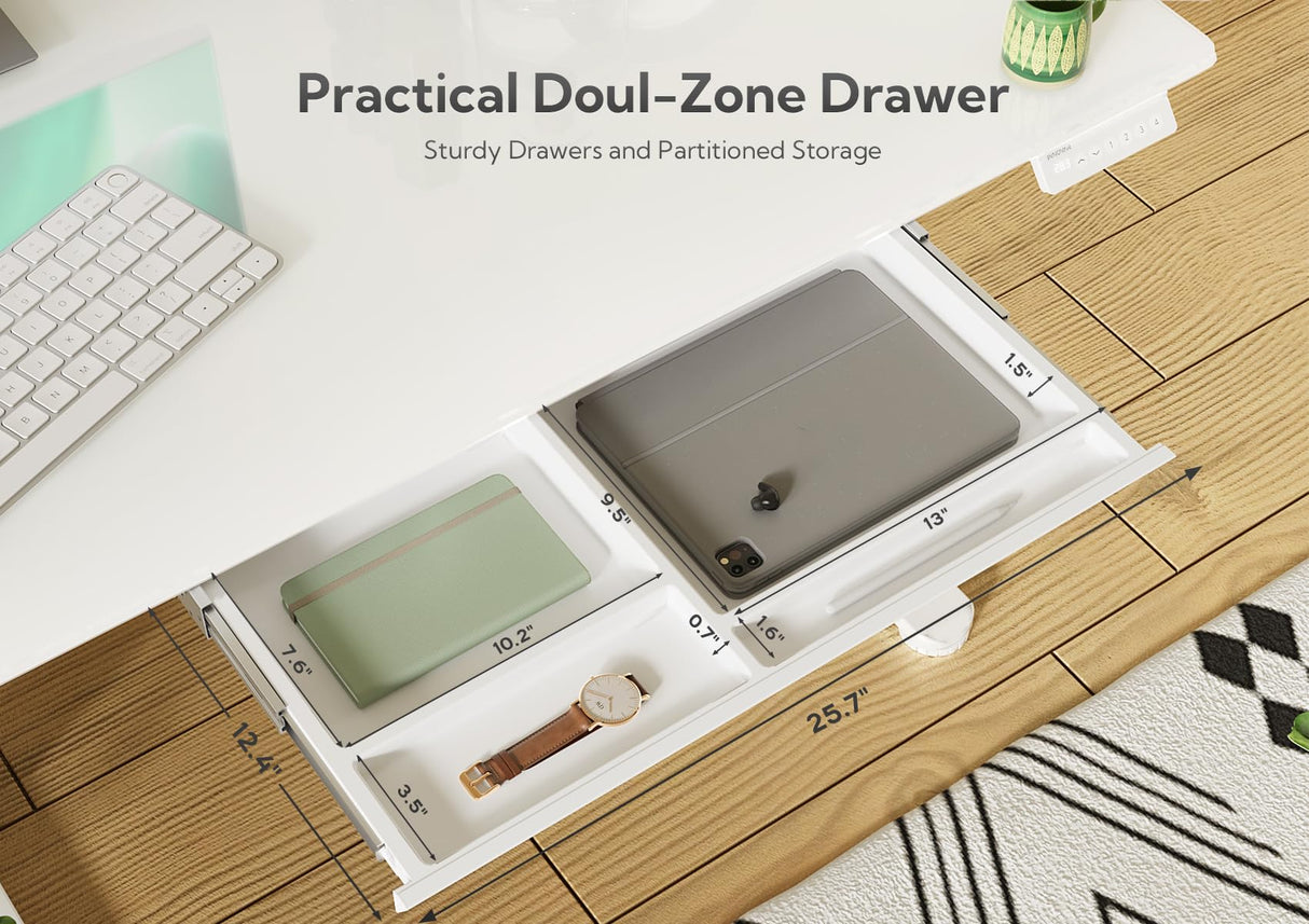 INNOVAR Glass Standing Desk with Drawers, 48×24 Inch Adjustable Stand Up Desk Quick Install Home Office Computer Desk, White INNOVAR